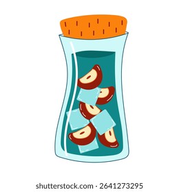 Jar with summer drink. Apple slices with ice cubes in jar. Fresh summer drink