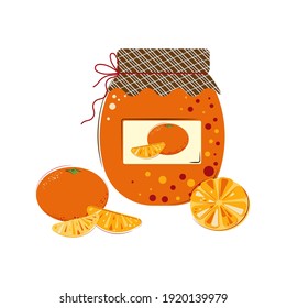 Jar of Sunny Juicy Mandarins Jam. Homemade Jam from Fresh Mandarins. Flat style Vector Illustration isolated on white Background.