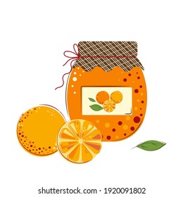 Jar of Sunny Juicy Oranges Jam. Homemade Jam from Fresh Oranges. Flat style Vector Illustration isolated on white Background.