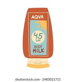 A jar of sunscreen. BODY MILK is in a closed tube. Cosmetics. Face and body care products. The icon of the Spf cream jar aqua. vector object in a flat style. Retro colors. An isolated object. Spf 45