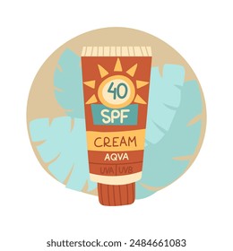 A jar of sunscreen. The cream is in a closed tube. Cosmetics. Face and body care products. The icon of the Spf cream jar aqua. A vector object in a flat style. Tropical leaves. An isolated object