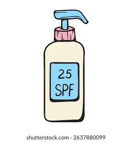 A jar of sunscreen cream with a dispenser. Simple hand drawn vector doodle illustration isolated on white background for print, icon, sticker