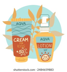 jar of sunscreen and lotion. Jars in a closed tube with a dispenser with tropical leaves. Cosmetics. Face and body care products. Several containers. A vector object in a flat style. Isolated object