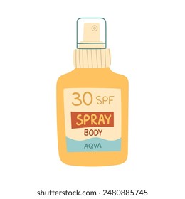 A jar of sunscreen. The spray is in a closed the bottle. Cosmetics. Face and body care products. The icon of the Spf spray jar aqua. A vector object in a flat style. Retro colors. isolated spf cream 