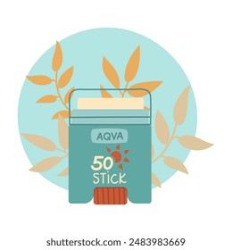jar of sunscreen. Stick is in a closed tube with a dispenser. Cosmetics. Face and body care products. The icon of the Spf 50 stick jar. Vector object in a flat style. Tropical leaves. Isolated object