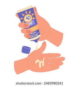 jar of sunscreen in your hand. Cream is squeezed into the palm of your hand, the lid is open. Cosmetics. Face and body care products. Icon of the Spf 40 jar. Vector object in a flat style. Isolated