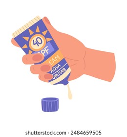 jar of sunscreen in your hand. Cream is squeezed out, the lid is open. Cosmetics. Face and body care products. The icon of the Spf 40 cream jar. A vector object in a flat style. Isolated object