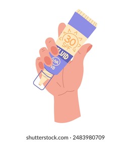 A jar of sunscreen in your hand. The fluid is in a closed tube with a dispenser. Cosmetics. Face and body care products. The icon of the Spf 30 fluid jar. A vector object in a flat style. Isolated obj