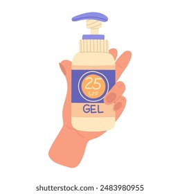 jar of sunscreen in your hand. The gel is in a closed tube with a dispenser. Cosmetics. Face and body care products. The icon of the Spf 25 gel jar. A vector object in a flat style. Isolated object