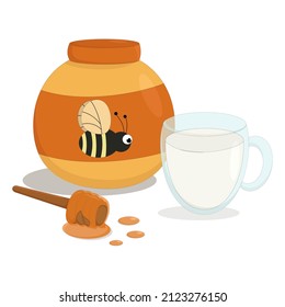 a jar of sweet bee honey with a glass mug of cold milk