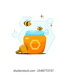 Jar of sweet honey with honey stick and bees with geometric honeycomb background. Holiday card in flat style. Vector illustration.