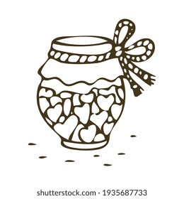 Jar of sweets in shape of heart on white background doodle vector illustration