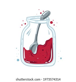 jar with tasty jam and spoon, vector clipart, hand drawn food illustration