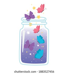 jar terrarium cute butterflies cartoon icon white background vector illustration