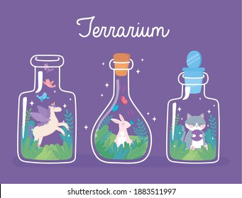 jar terrarium cute rabbit unicorn and cat with blooming plants inside vector illustration