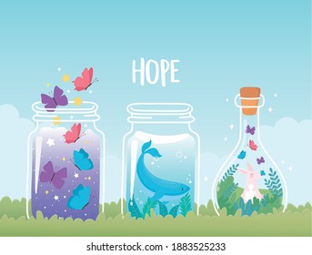 jar terrarium, whale rabbit and butterflies with plants decoration vector illustration