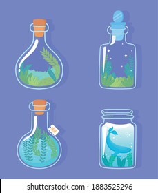 jar terrarium with whale unicorn and rabbit plants foliage nature decoration and cork vector illustration