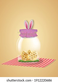 A jar with three Easter eggs and rabbit ears. Vector image of the trend.