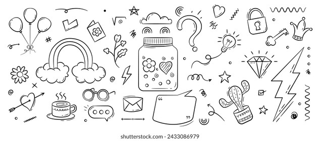 Jar and Thunderbolt doodle. Abstract Scribble Doodle Elements Isolated on White Background