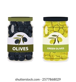 Jar of tinned black and green olives. Food icon. Ingredient for cooking traditional recipes, salads, pizza. Flat vector illustration.