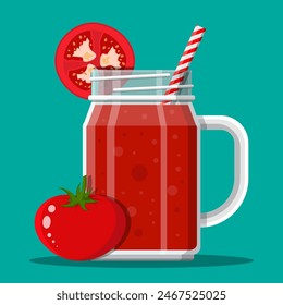 Glas mit Tomaten-Smoothie mit gestreiftem Stroh. Glas für Cocktails mit Griff. Tomaten frisches Gemüse. Vektorillustration im flachen Stil