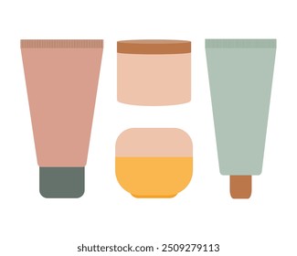 Tarro, conjunto de tubos. Cosméticos y cuidados, crema para rostro, cuerpo o manos. Ilustración vectorial aislada plana para su diseño