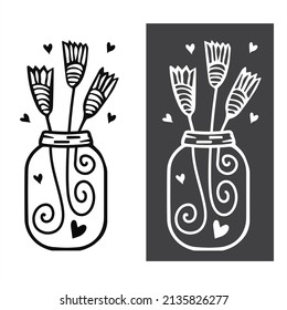 Jar or vase with three flowers, vector, icon, ilustration.