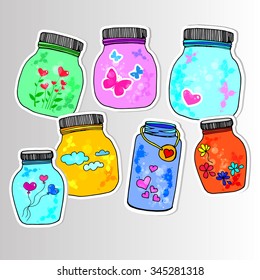jar vector design wedding retro vintage template save doodle label bouquet drawing heart butterfly