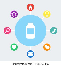 Jar vector icon. Bonus icons: house, light bulb, phone, speech bubble, email, heart, magnifying glass, settings.