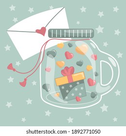 С ilustración vectorial del frasco de artoon llena de corazones y caja de regalo con arco. Día de San Valentín, Día de la Madre o concepto de cumpleaños. Pozo dibujado a mano con nota de amor para saludos, postal, cartas