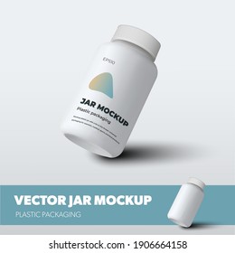 Jar vector template with lid, plastic packaging with realistic shadows, for presentation design, pattern. Mockup bottle for organic product, vitamin, pills, isolated on background. Pharmacy packaging
