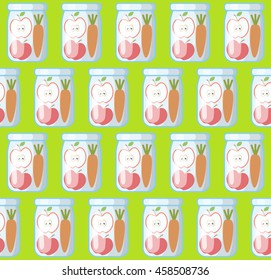 Jar with vegetable juice seamless pattern. Detox vector background