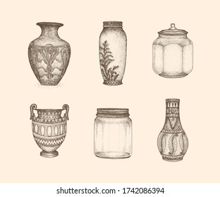 Ilustración Jar Vintage con estilo dibujado a mano, incluye cerámica, jarra, jarra y uva. Adecuado para camisetas, mercadería, logotipo, tatuajes, pegatinas, parches, insignia y muchos más.