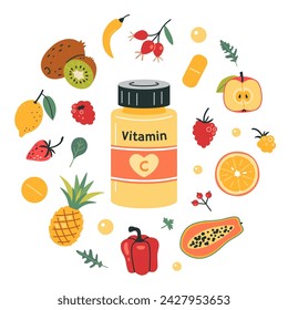 Ein Glas mit Vitamin C und Lebensmitteln, die mit Ascorbinsäure angereichert sind, im Kreis. Obst, Beeren und Gemüse gesetzt. Natürliche antioxidative Produkte. Isolierte Cartoon Vektor-Illustration, handgezeichnet, flach