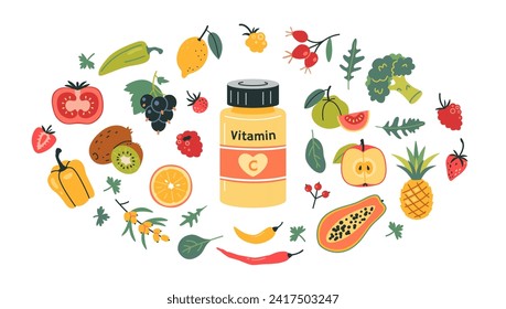 A jar of vitamin C in tablets or capsules and foods enriched with ascorbic acid. Fruits, berries and vegetables set. Natural antioxidant products. Isolated vector illustration, hand drawn, flat