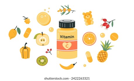 Frasco de vitamina C en comprimidos, cápsulas o osos y alimentos enriquecidos con ácido ascórbico. Frutas, bayas y verduras. Equipo de apoyo inmune. Ilustración vectorial aislada, dibujada a mano, plana