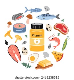 A jar of vitamin D and foods enriched with it. Sea food, fish, meat, dairy products, eggs and vegetables set. Circular composition. Isolated vector illustration, hand drawn, flat