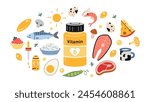 A jar of vitamin D in tablets or capsules and foods enriched with it. Sea food, fish, meat, dairy products, eggs and vegetables set. Isolated vector illustration, hand drawn, flat