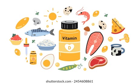 Un frasco de vitamina D en tabletas o cápsulas y alimentos enriquecidos con ella. Marisco, pescado, carne, productos lácteos, huevos y verduras. Ilustración vectorial aislada, dibujada a mano, plana