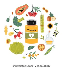 A jar of vitamin E in tablets or capsules and foods enriched with it. Fruits, vegetables, nuts, berries and oil set. Circular composition. Isolated vector illustration, hand drawn, flat