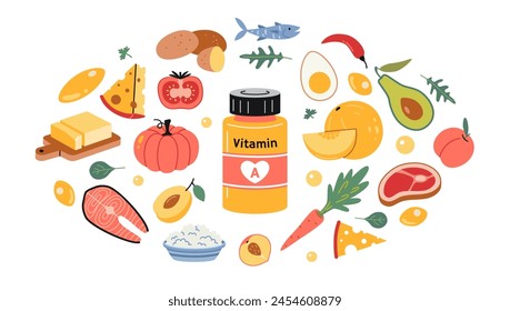 A jar of vitamin A in tablets or capsules and foods enriched with it. Fruits, vegetables, fish, meat, dairy products and eggs set. Isolated vector illustration, hand drawn, flat