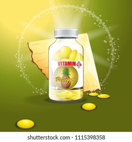 Jar with vitamins on a beautiful colored background and fruit Pineapple.