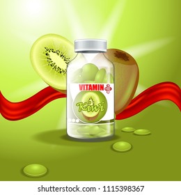 Jar with vitamins on a beautiful colored background and fruit Kiwi.
