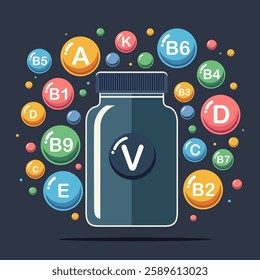 A jar of vitamins in tablets or capsules. Set of multi vitamin complex icons. Multivitamin supplement. Vitamin A, B group B1, B2, B6, B12, C, D, E, K. Vector flat illustration