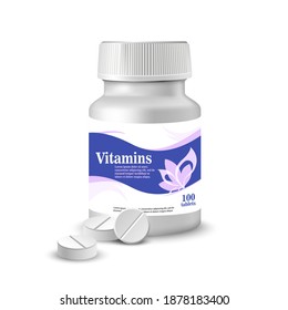 Un frasco de vitaminas. Vector se burla, contenedor de pastillas. Diseño de paquetes. Plantilla de aspecto de empaquetado de Tablet PC.