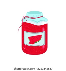 A jar of watermelon jam. Berry compote, syrup. Vector in the flat style.