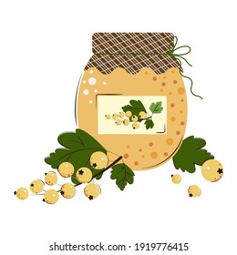 Jar of White Currant Jam. Homemade Jam from Fresh Berries. Flat style Vector Illustration isolated on white Background.