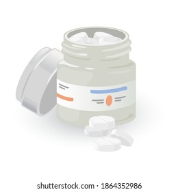 Jar mit weißen Tabletten, Medikamente für besseres Gefühl, Behandlung für kranke Menschen, Immununterstützung. Vektor, gesunder Lebensstil und Medizin-Design einzeln auf weißem Hintergrund