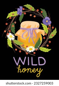 A jar of wild organic honey in a floral wreath