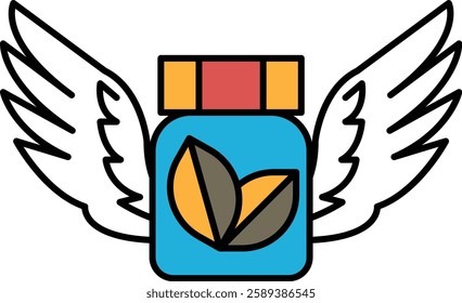 A jar with a winged on it. The jar is blue and has a yellow and brown design